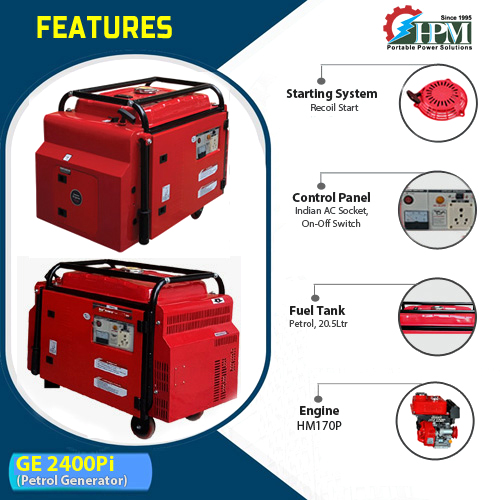 2.1 KVA smart Portable  Silent  Petrol Generator,  Recoil Start .Model GE-2400Pi, 